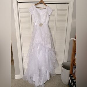 Modest White Wedding Dress with Ruffle Skirt, Latter Day Bride Replica